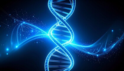 Glowing DNA helix on a dark background.