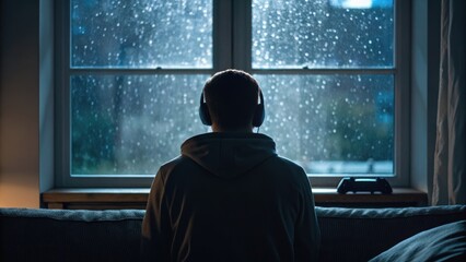 A person wearing headphones sits in front of a window, gazing at raindrops on the glass, creating a cozy, introspective atmosphere.