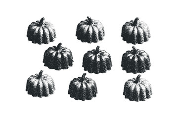 Nine grainy pumpkins spread across a transparent with texture effect. Vector hand drawn illustration