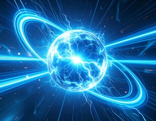 Obraz premium Glowing Blue Energy Ball surrounded by Rings of Light Abstract Technology Concept