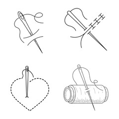 Set Abstract Doodle Elements Hand Drawn Outline Needle With Spool Of Thread Sketch Vector Design Style Isolated On White Background Illustration For Knitting, Embroidery, Sewing 