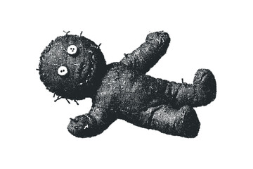 Textured voodoo doll lying on a white background image. Vector hand drawn illustration