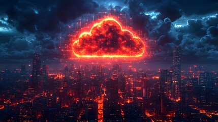 A glowing digital cloud symbolizes innovation and data flow above a futuristic illuminated city skyline at night