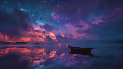 Serene boat drifts on tranquil lake mirroring vibrant cosmic sky with distant glowing lights offering peaceful escape and breathtaking wonder