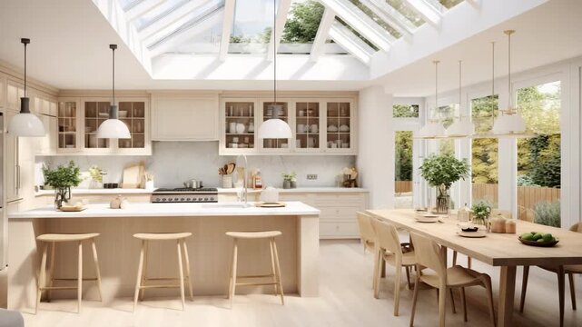 Bright airy kitchen and dining area with skylights and large windows