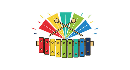 A colorful toy xylophone with crossed mallets and radiating rainbow sound waves.