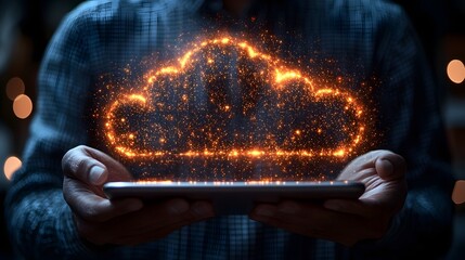 Person holds tablet displaying a glowing digital cloud hologram symbolizing technology and connectivity