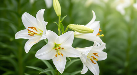Fresh White Lily Flowers with Morning Sunlight and Dew Drops