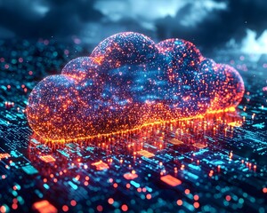A glowing digital cloud made of light particles hovers over a futuristic circuit board symbolizing cloud computing and data