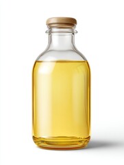 A clear glass bottle filled with yellow liquid. The bottle has a wooden cap and is placed on a white background. Ideal for food or cooking themes.