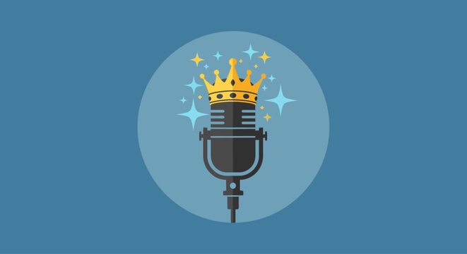 A flat design illustration of a vintage microphone crowned with gold and surrounded by sparkles, symbolizing premium audio content or a leading voice.