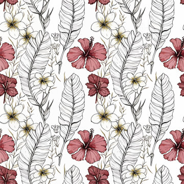 Beautiful tropical seamless pattern with hibiscus flowers, plumeria, and palm leaves on white background, patern seamless, Stock royalty image.
