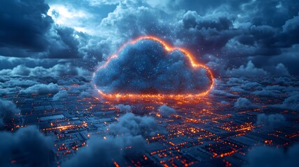 Vibrant digital cloud formation glows with energy above an illuminated circuit board world symbolizing future technology