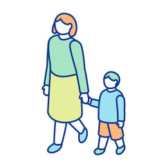 An isometric illustration of a parent and child walking hand in hand. A child being led by the hand by their mother.