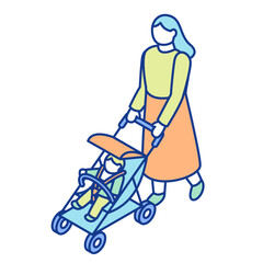 Isometric illustration of a woman raising a child while pushing a stroller