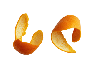 Two curled orange peels against a transparent background