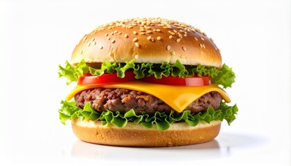 Classic Beef Cheeseburger with Fresh Toppings on White.