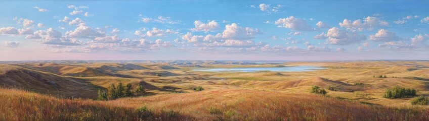 Obraz premium Panoramic view of a golden, grassy landscape with a tranquil lake, soft clouds, and a vibrant sky
