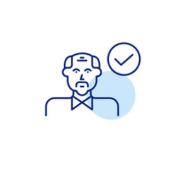 Senior man and checkmark. Verified profile, authentication and health checkup passed. Safe for seniors. Pixel perfect, editable stroke vector icon