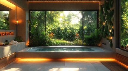Luxurious spa like washroom featuring a large window with a view of nature indoor plants soft lighting and a soaking tub for a perfect escape from the daily routine
