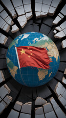 A globe centered with the Chinese flag is surrounded by broken stone, creating a graphic