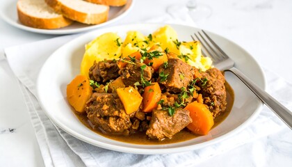 Hearty stew served with mashed potatoes