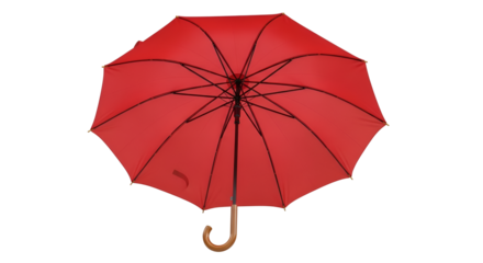 Open red umbrella with wooden handle isolated PNG with Transparent Background