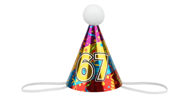 Colorful party hat with the number 67 for a fun celebration isolated PNG with Transparent Background