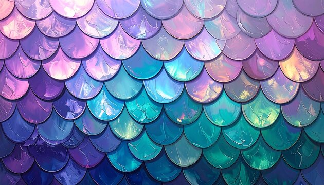 A vibrant display of overlapping circular scales in iridescent hues of purple, blue, and teal, creating a captivating mermaid-like texture.