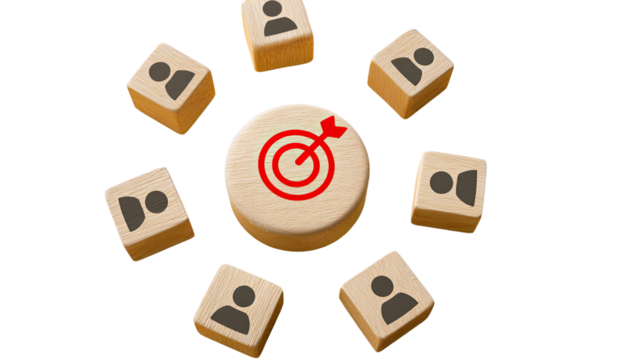 Circular arrangement of light brown wooden blocks, each with a gray person icon, surrounding a light brown wooden block with a red target icon