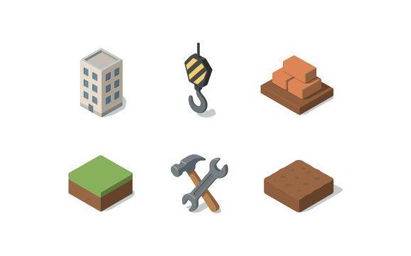 isometric icon items isolated on white background building site crane hook stacked bricks soil base tool icon ed ground