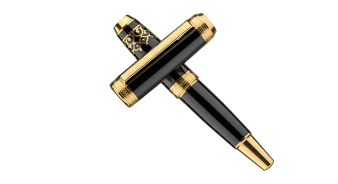 Black and gold fountain pen with cap isolated PNG with Transparent Background