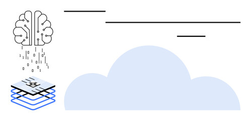 AI brain transferring binary code to cloud layered computing flow. Ideal for technology, AI, cloud computing, machine learning, data transfer, innovation, future tech. Simple flat metaphor