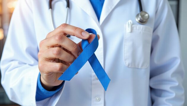 Doctor wearing white coat holds blue ribbon symbolizing prostate cancer awareness and men s health support