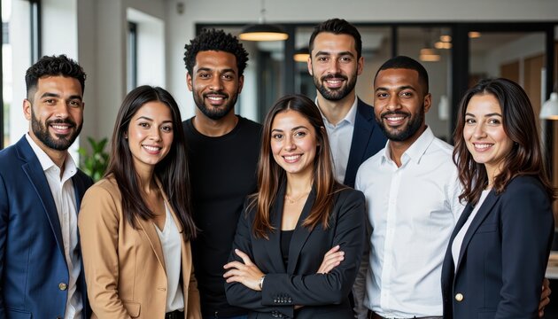 Diverse group of smiling professionals standing together in a modern office environment