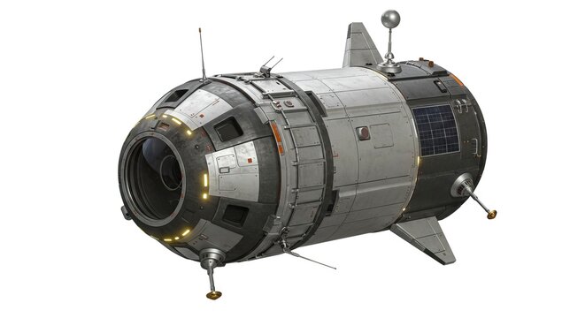 A cylindrical spaceship or space module stands on landing gear against a plain white background