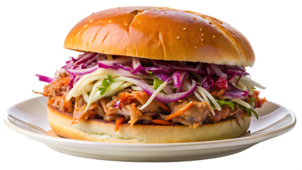 Pulled Pork Barbecue Sandwich with Colorful Coleslaw on White Plate on a bright white and transparent background