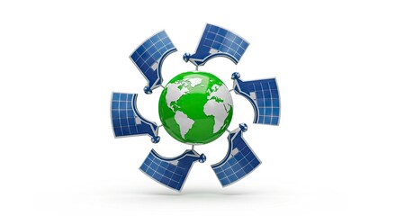 A green globe with white continents is encircled by six curved solar panels