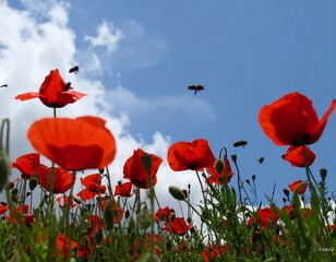 Bright red poppies fill the field, reaching towards a vibrant blue sky dotted with fluffy white clouds. Bees flit among the flowers
