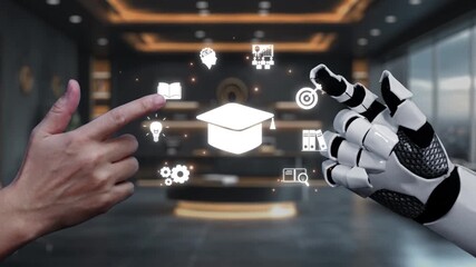 A dynamic scene depicting a human hand and a robotic hand engaging with digital education symbols, emphasizing the intersection of technology and learning in a modern workspace. Auvana