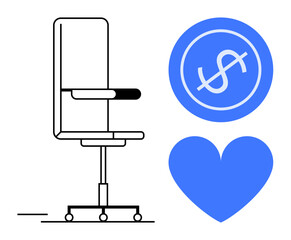 Office chair with a minimalist design, blue heart symbol, and dollar sign circle. Ideal for workplace wellness, financial planning, work-life balance, productivity, office culture, comfort simple