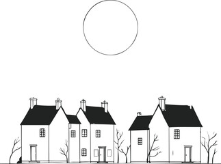 minimal line art of small town houses with moon above, black outline, white background, peaceful night vibe 2