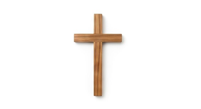 A simple wooden cross lies centered against a stark white background