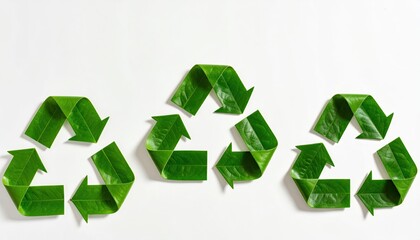 Obraz premium Green Leaf Recycle Symbols on White Background