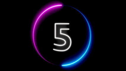 Neon Number Five Glowing Circular Light Abstract Design Purple Blue Background