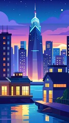Cityscape at night, vibrant colors