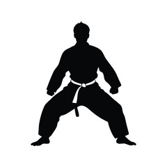 Silhouette of a karate fighter in a ready stance against white backdrop, martial artist in traditional gi silhouette vector illustration