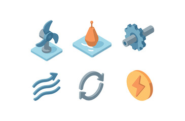 Fototapeta premium isometric icon items isolated on white background ocean spin rotor buoy mount gear shaft water current rotation line energy icon
