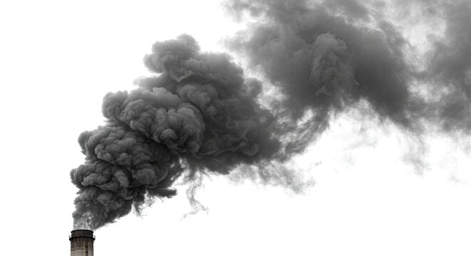 Black smoke billowing from a gray chimney against a white background