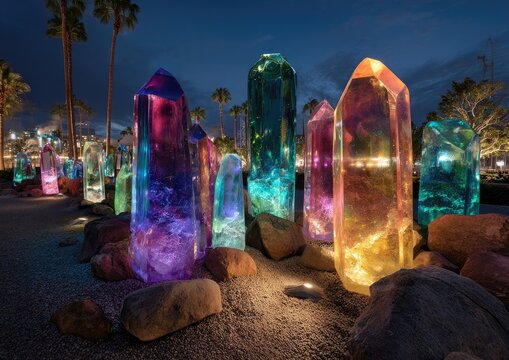 Multicolored crystal pillars at night